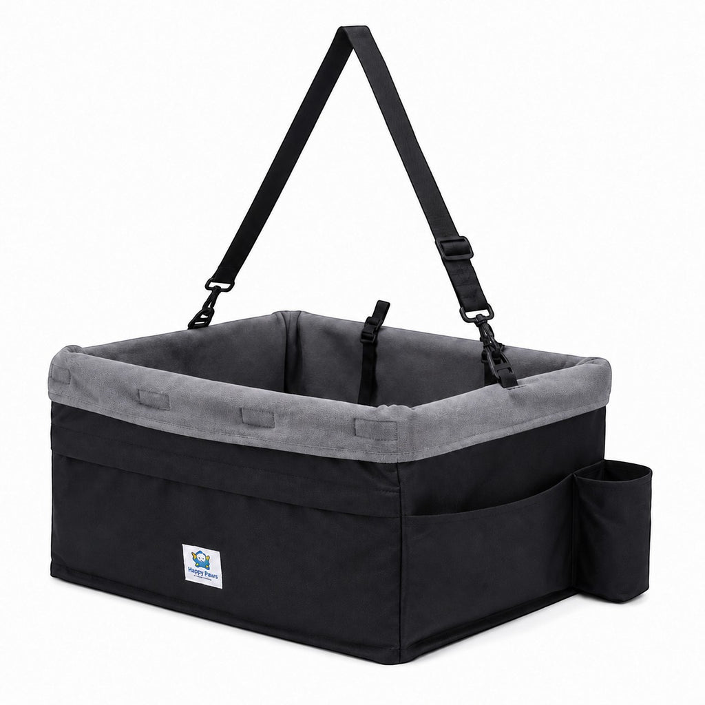 Tap2Own black and grey fabric pet booster seat with adjustable straps and side pockets for car travel.