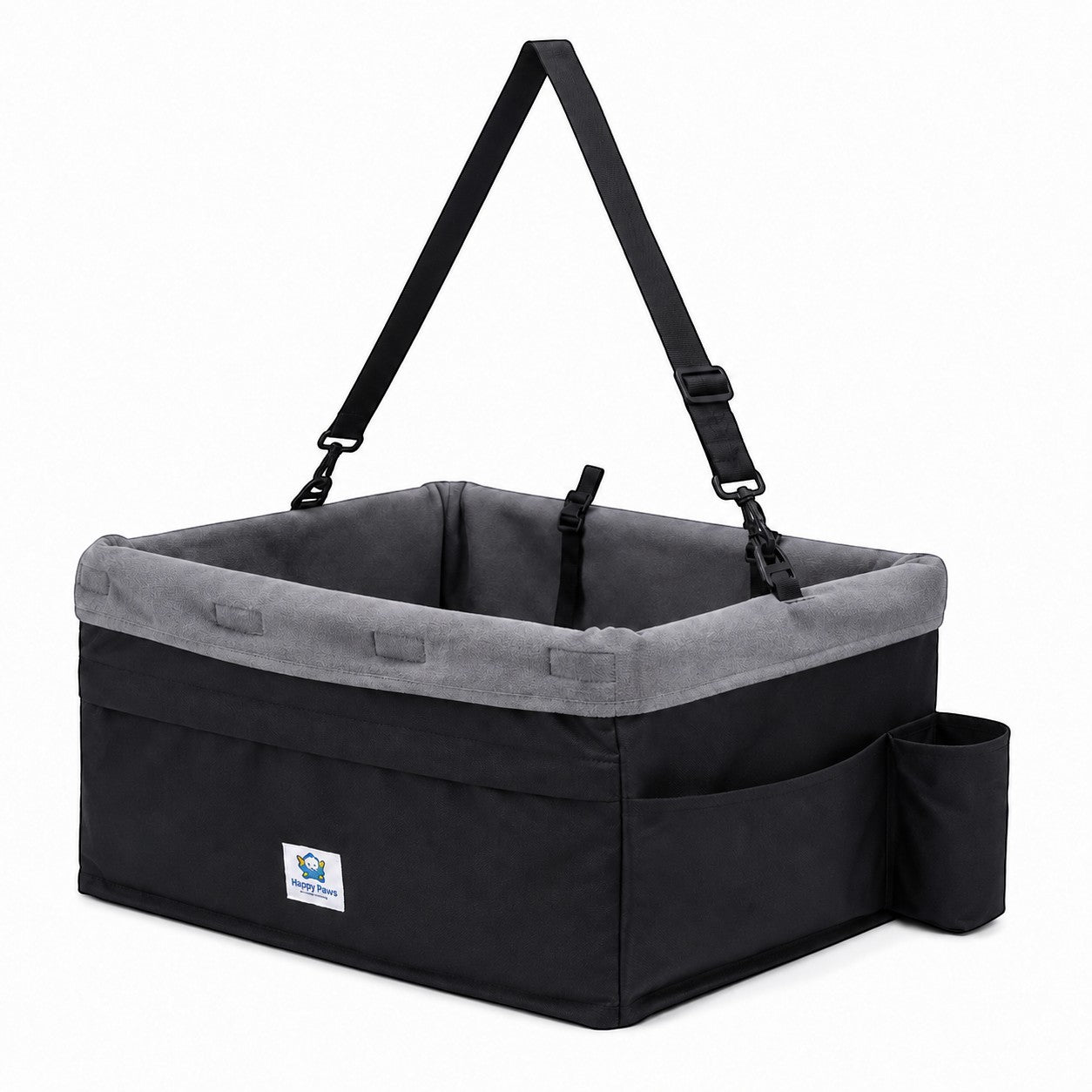Tap2Own black and grey fabric pet booster seat with adjustable straps and side pockets for car travel.