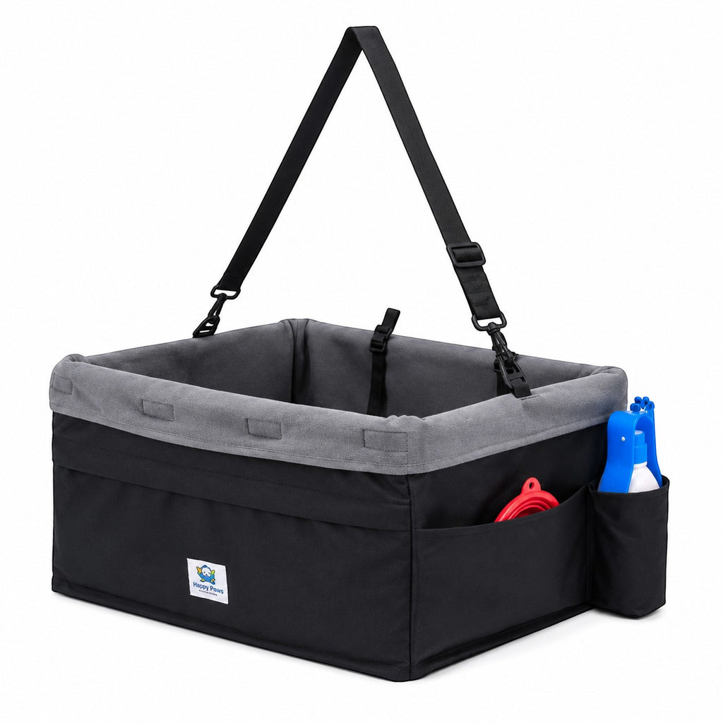 Tap2Own black and grey fabric pet booster seat with adjustable straps and side pockets for travel.