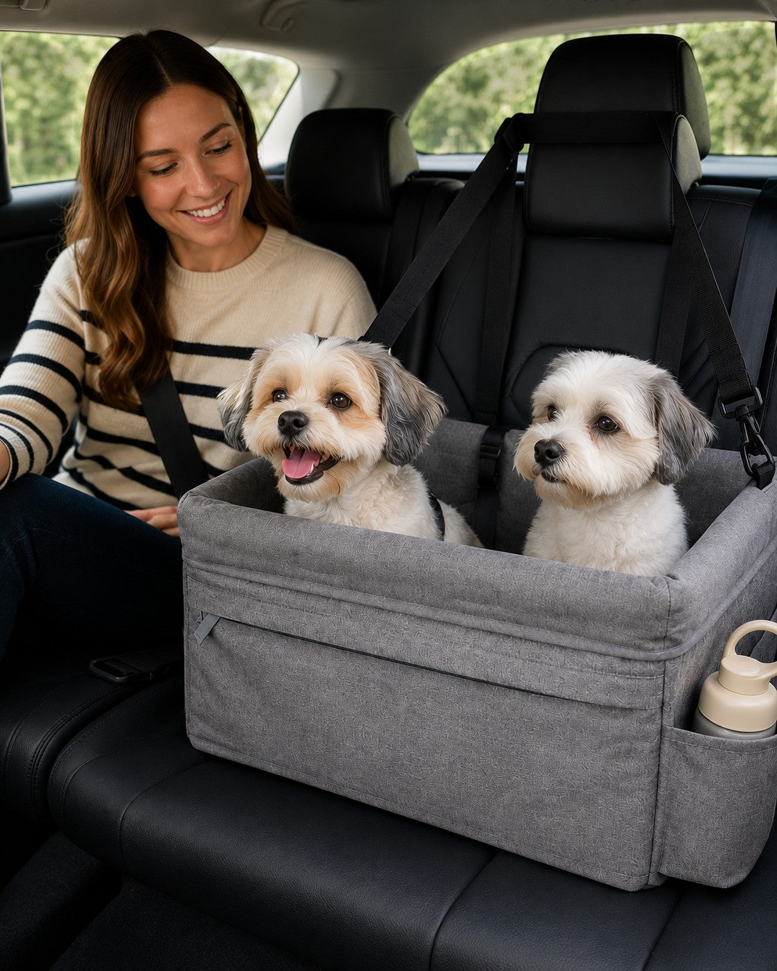 Tap2Own gray fabric pet booster seat with two small dogs inside, a woman smiles from the driver's seat.