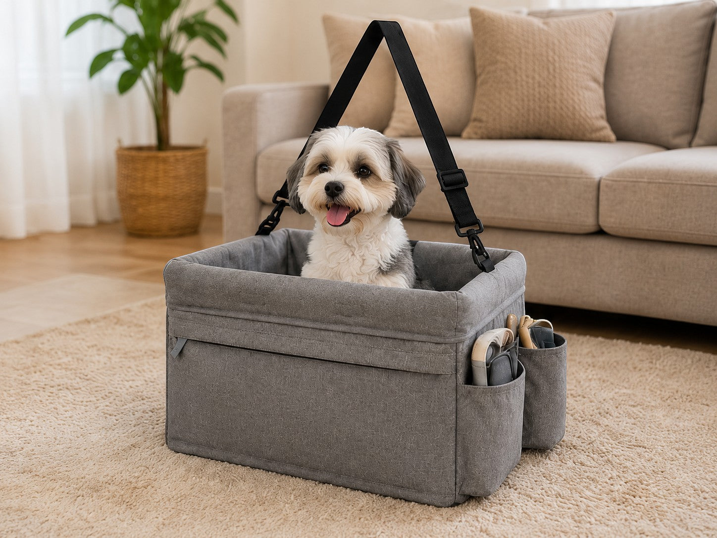 Tap2Own gray fabric pet booster seat with a small dog inside, featuring side pockets and adjustable straps.