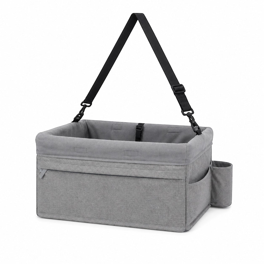 Tap2Own grey fabric pet booster seat with adjustable straps and side pockets for small to medium dogs.