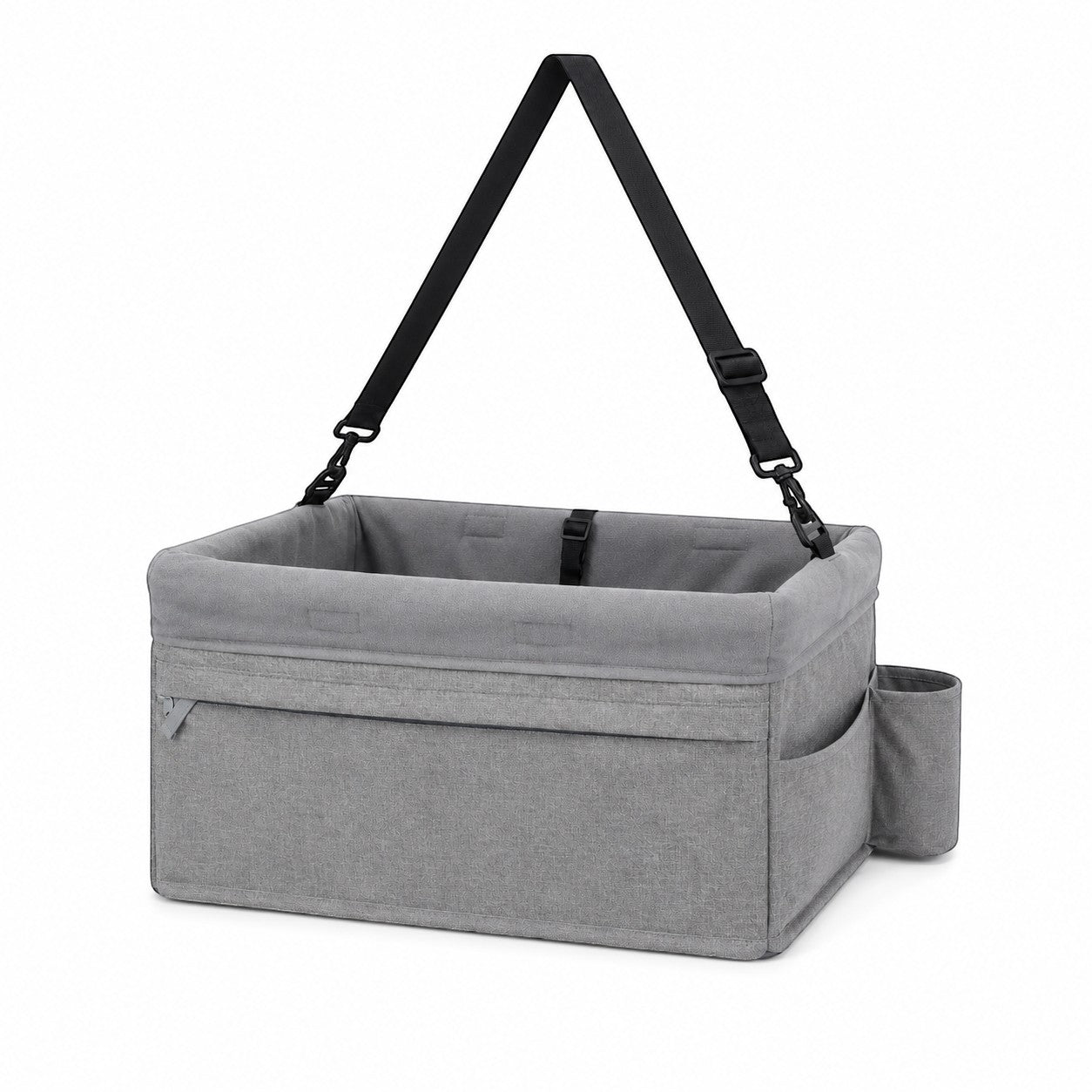 Tap2Own grey fabric pet booster seat with adjustable straps and side pockets for small to medium dogs.