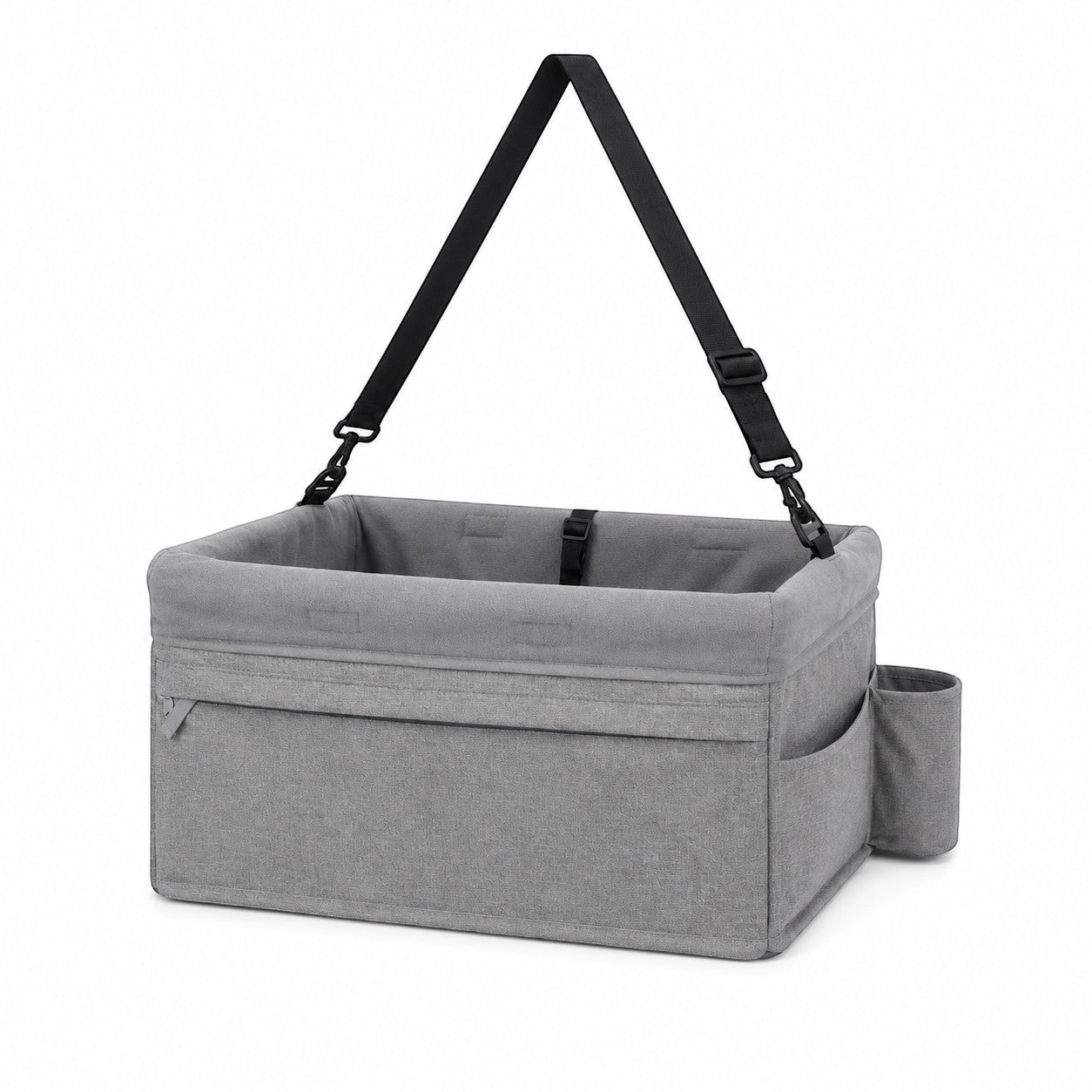 Tap2Own grey fabric pet booster seat with adjustable straps and side pockets for car travel.