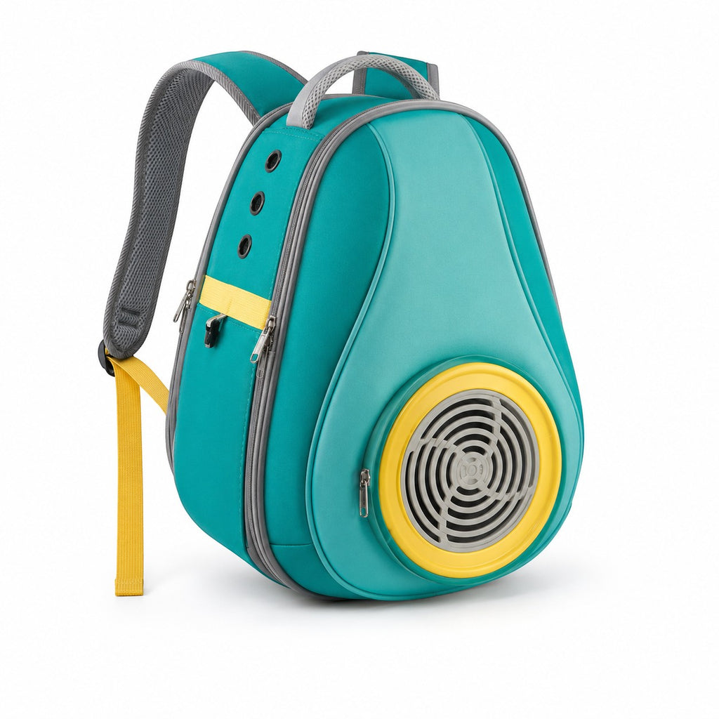 Tap2Own teal and yellow pet carrier backpack with large front vent and mesh side windows for ventilation.