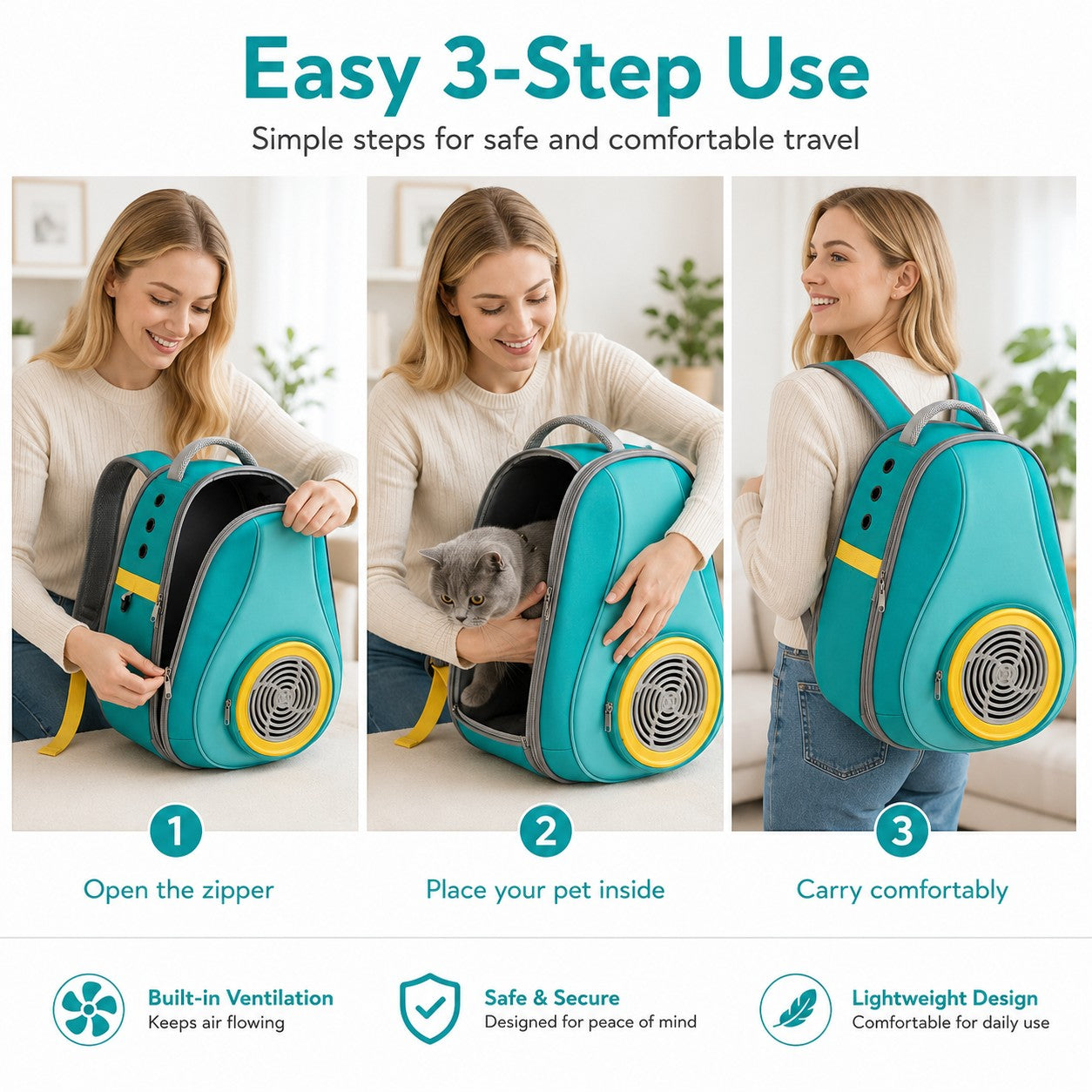 Tap2Own teal and yellow pet carrier backpack with built-in ventilation and mesh windows, shown with a cat inside.