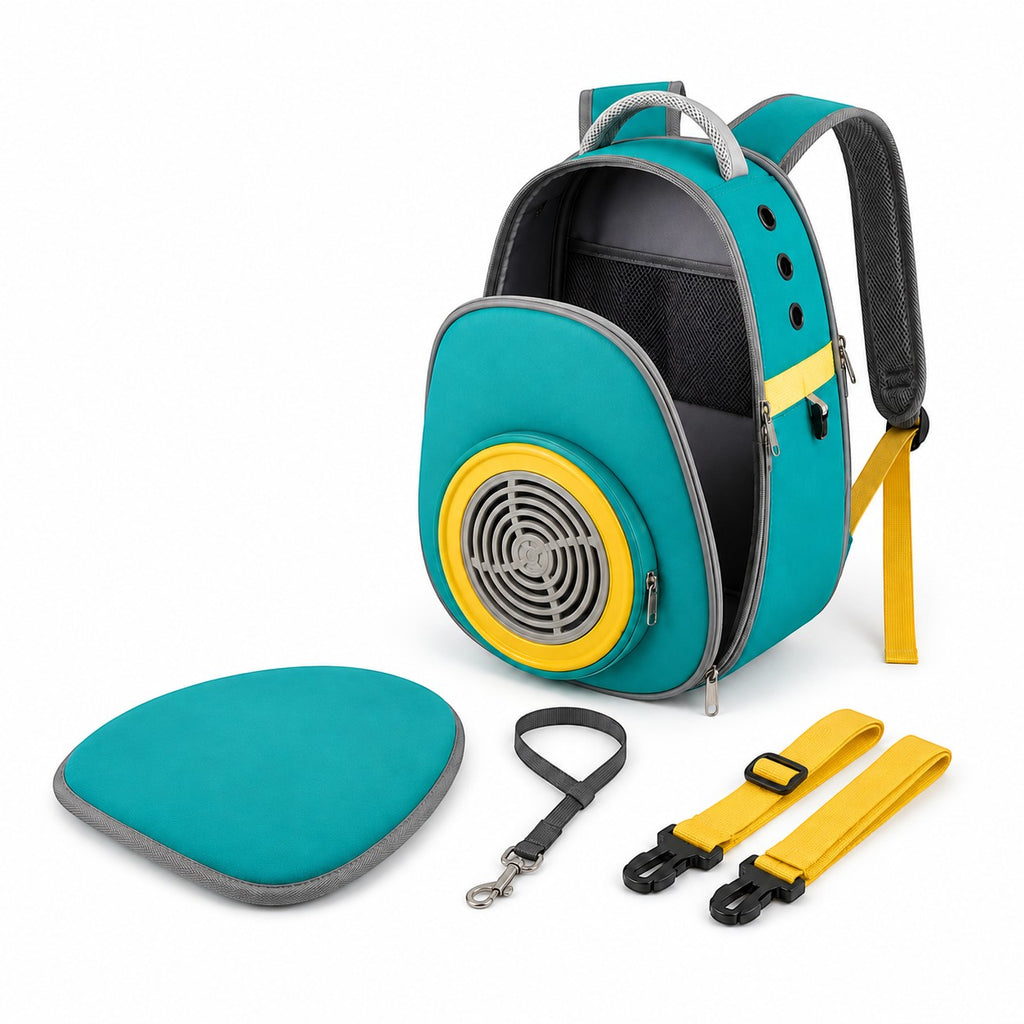 Tap2Own teal and yellow pet carrier backpack with large front vent, mesh windows, padded straps, and removable mat.