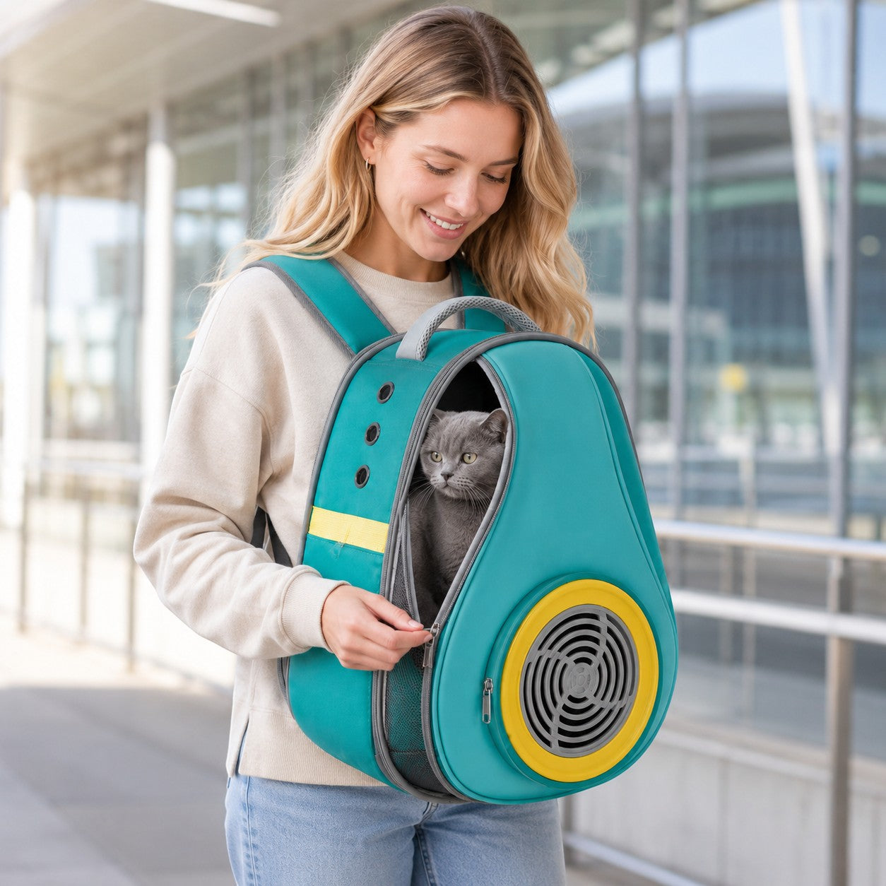 Tap2Own teal and yellow pet carrier backpack with ventilation and mesh windows, holding a grey cat.