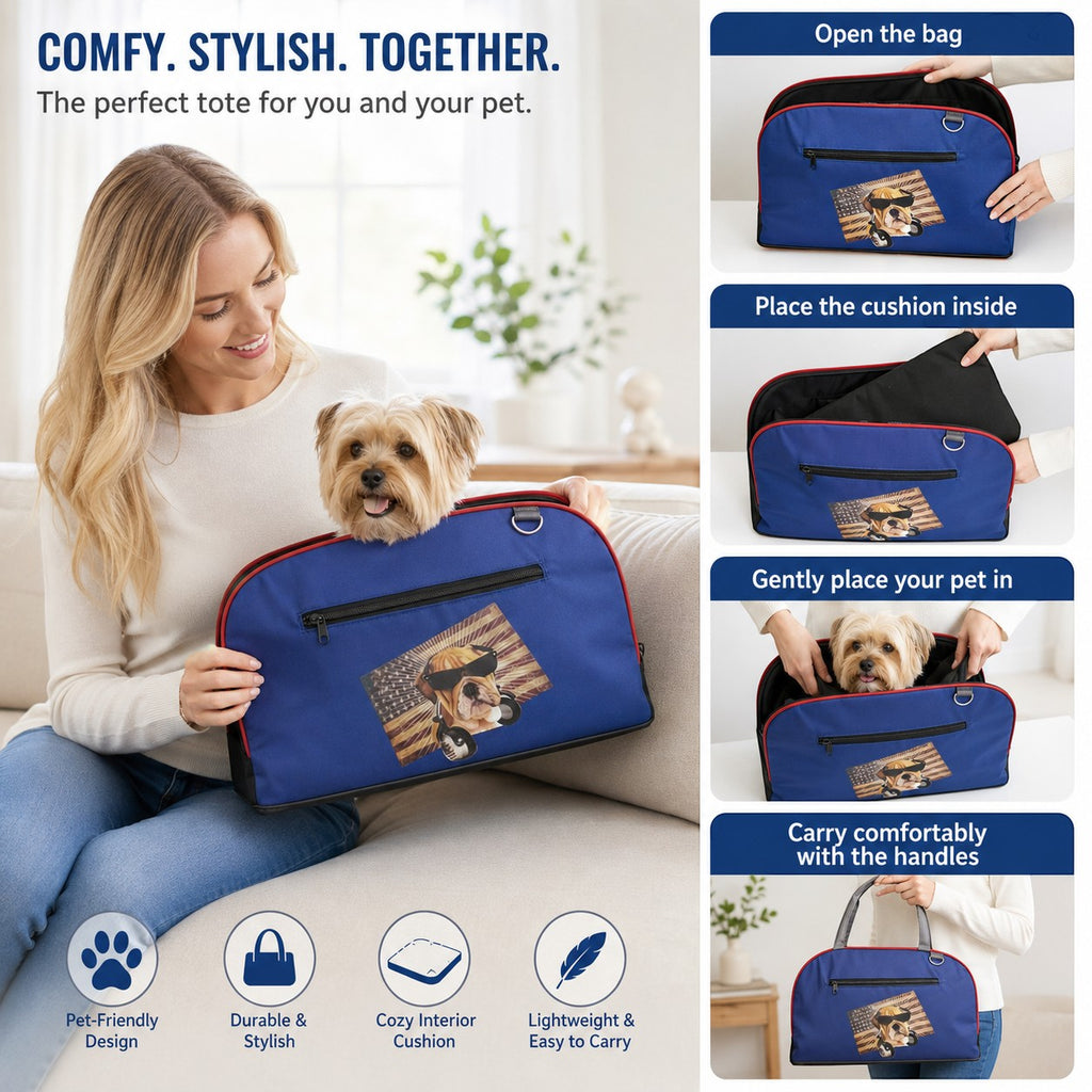 Tap2Own blue pet carrier tote bag with red trim and bulldog graphic, featuring a zippered pocket and sturdy handles.