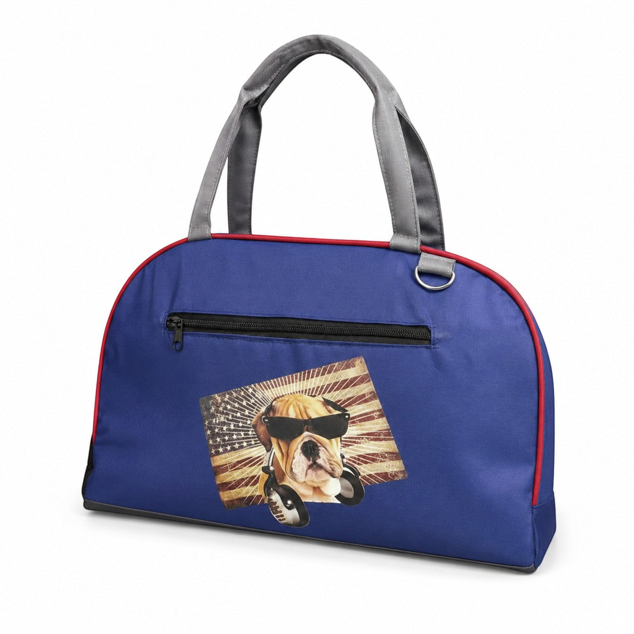 Tap2Own blue pet carrier tote bag with red trim and a cool bulldog graphic wearing sunglasses and headphones.