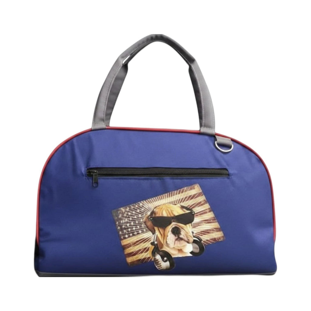 Tap2Own blue pet carrier tote bag with red trim and bulldog graphic wearing sunglasses and headphones.