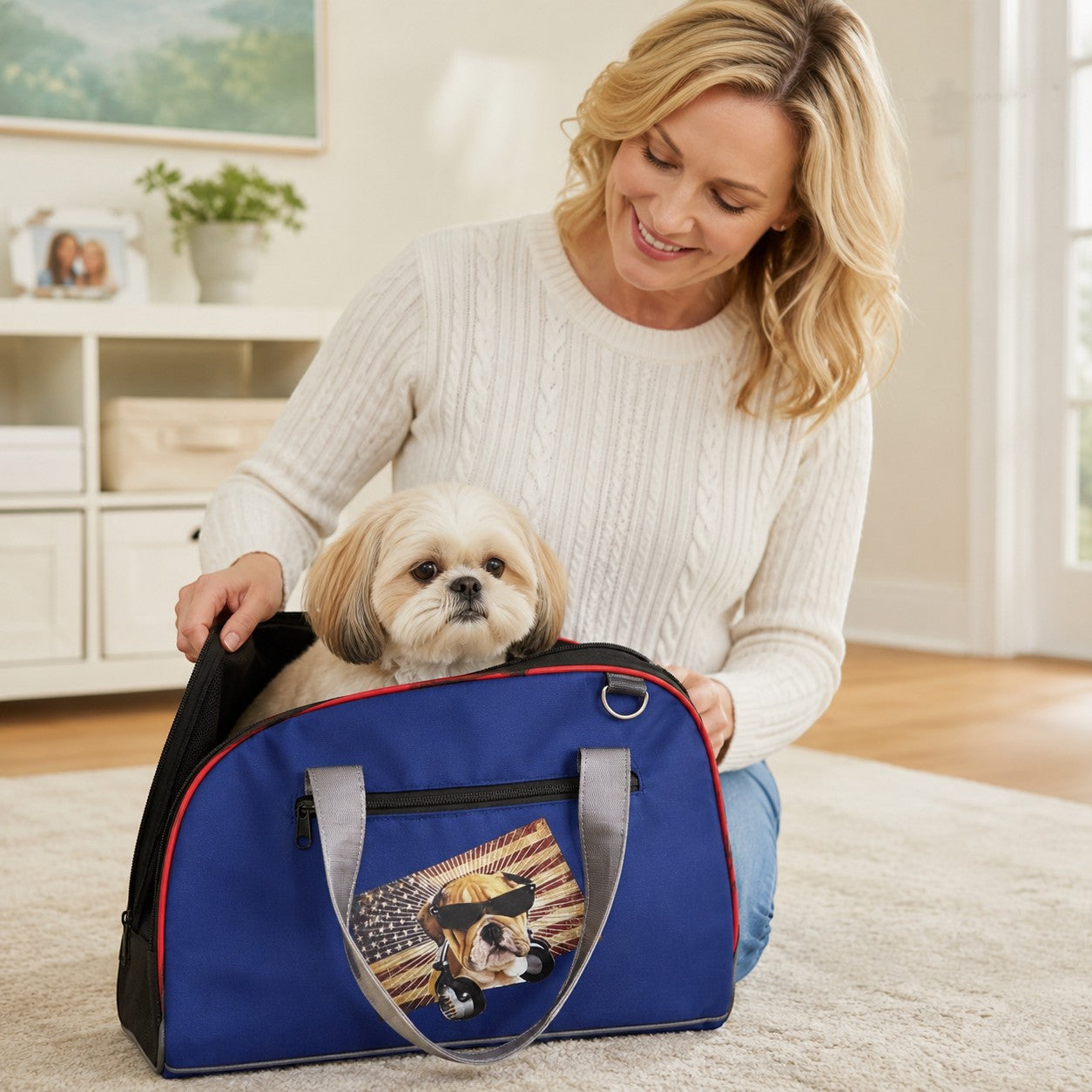 Tap2Own blue pet carrier tote bag with bulldog graphic, red trim, and zippered pocket. A woman smiles as a small dog peeks out.