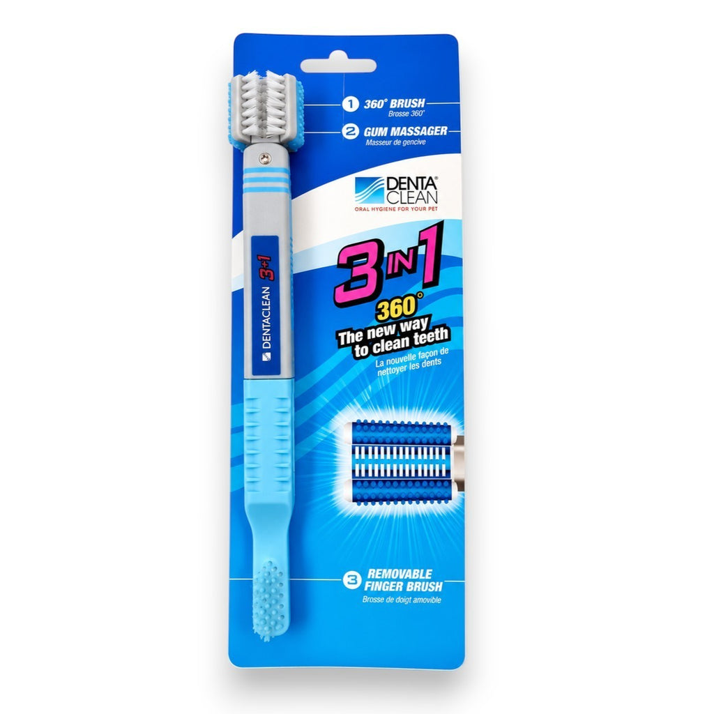 Tap2Own 3-in-1 pet dental cleaning tool with 360 brush, gum massager, and removable finger brush for plaque and tartar removal.