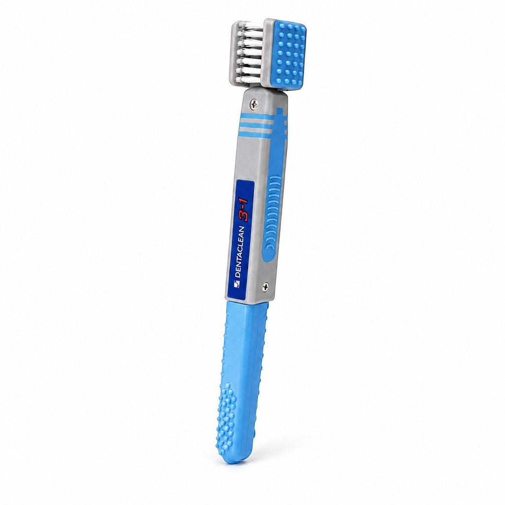 Tap2Own 3-in-1 pet dental cleaning tool with blue handle, grey body, bristle brush, and textured massager.