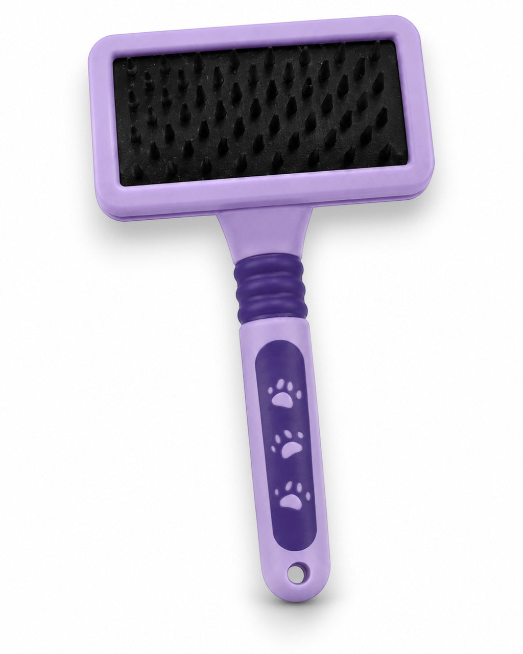 Tap2Own lavender pet grooming deshedding brush with black bristles and paw print details on handle.
