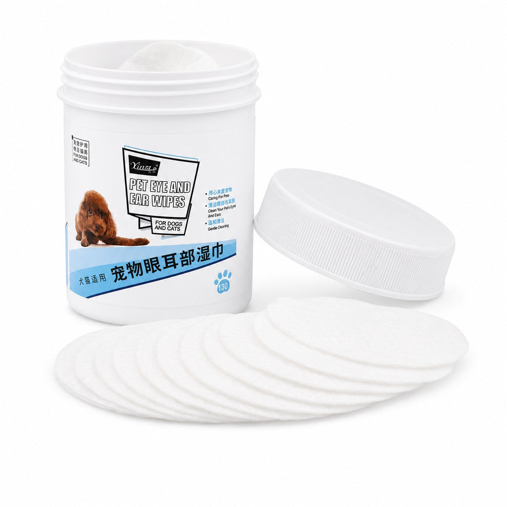 Tap2Own Pet Eye and Ear Wipes for dogs and cats, gentle cleaning, 130 count jar with a pile of wipes.