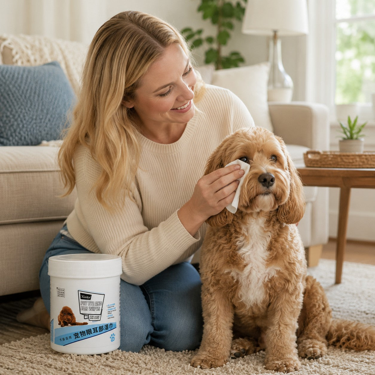 Tap2Own Pet Eye and Ear Wipes gently clean a golden doodle dog's face. The wipes are safe for daily care.