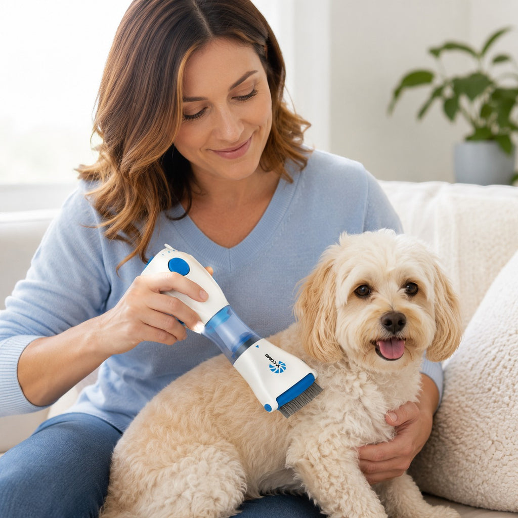 Tap2Own electric pet comb removes fleas and eggs from dog fur. White and blue grooming tool with blue button and clear chamber.