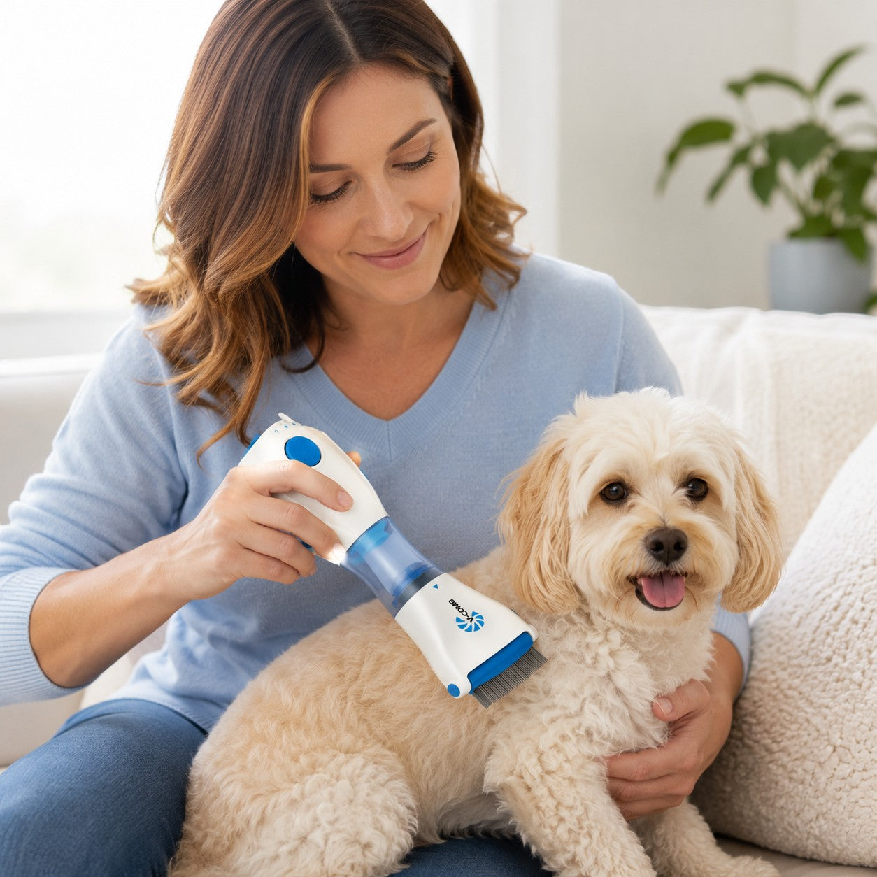 Tap2Own electric pet comb removes fleas and eggs from dog fur. White and blue grooming tool with blue button and clear chamber.