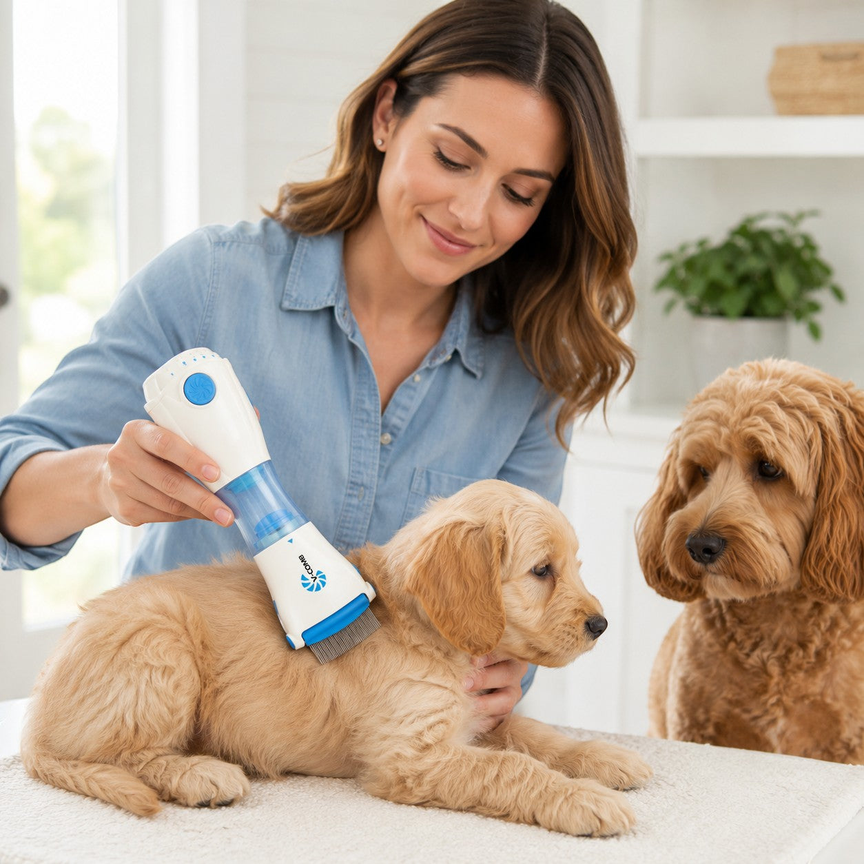 Tap2Own electric pet comb removes fleas and eggs from puppy fur. Chemical-free grooming tool with suction.