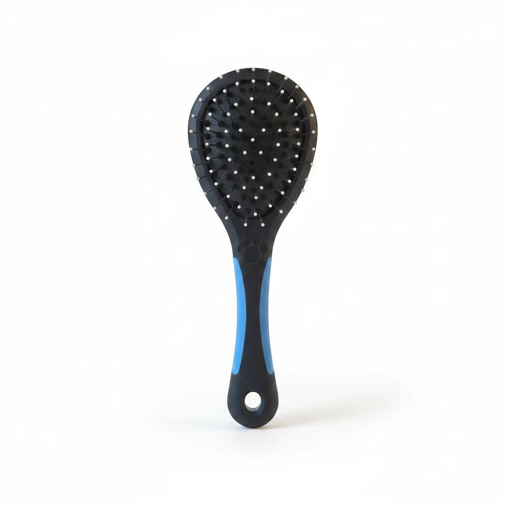 Tap2Own black and blue two-way pet grooming brush with detangling pins and smoothing bristles.