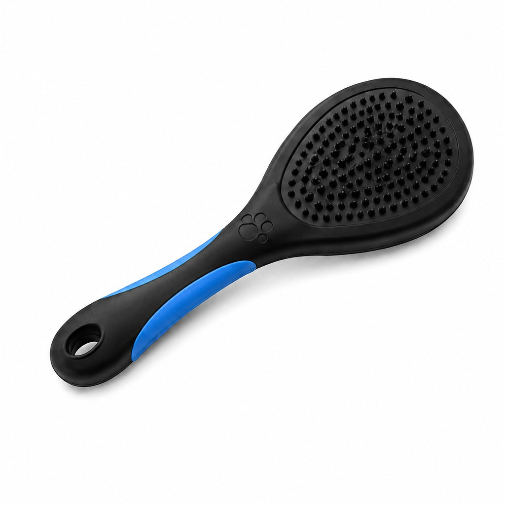 Tap2Own Two-Way Pet Grooming Brush with black bristles and blue handle, perfect for dogs and cats.