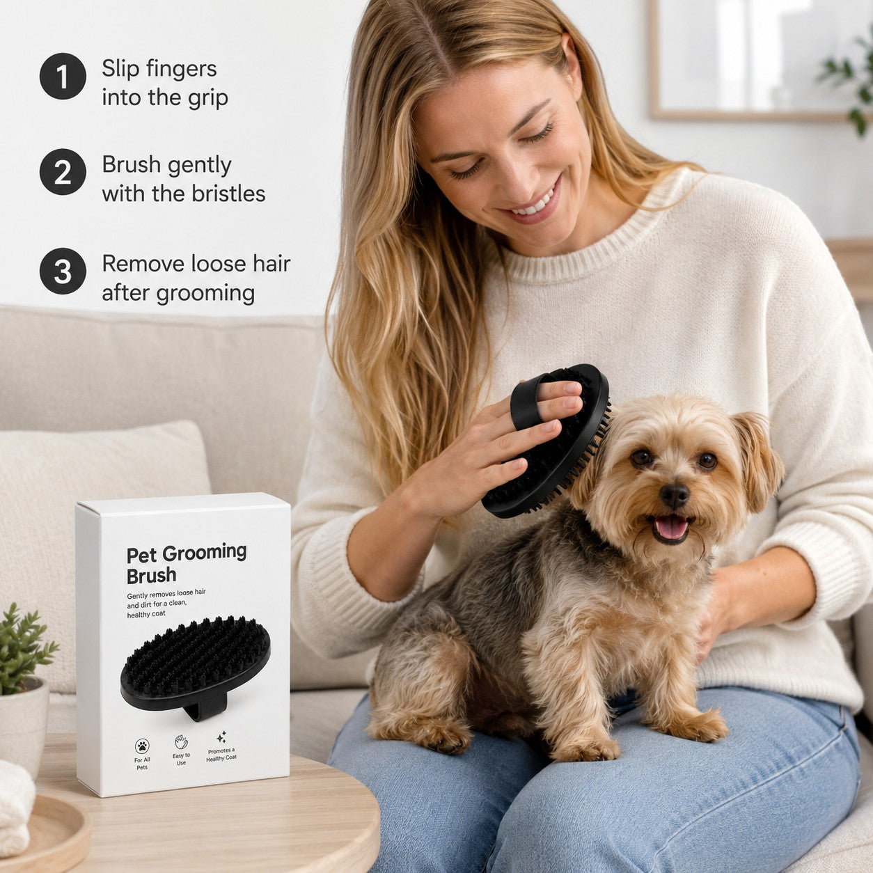 Tap2Own black rubber pet grooming brush with flexible bristles for dogs and cats, gently removing loose hair and dirt.