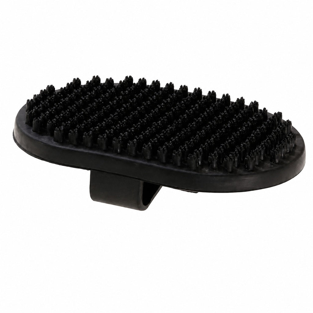 Tap2Own black rubber pet grooming brush with flexible bristles for dogs and cats. Ergonomic design.