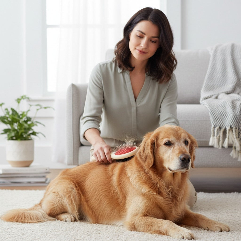 Tap2Own grooming brush with metal and nylon bristles, used by a woman on a golden retriever dog.