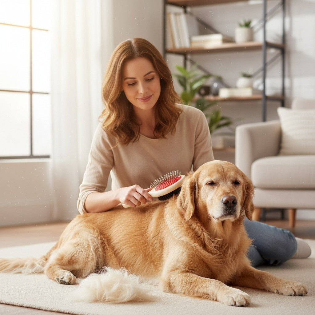 Tap2Own Two Sided Pet Brush with metal and nylon bristles and wooden handle, grooming a golden retriever.