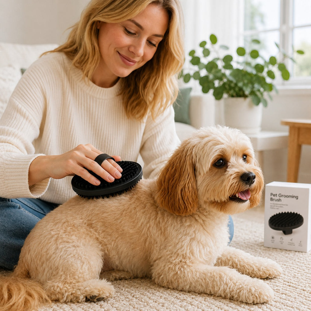 Tap2Own black rubber pet grooming brush with finger loop, used on a light brown dog.