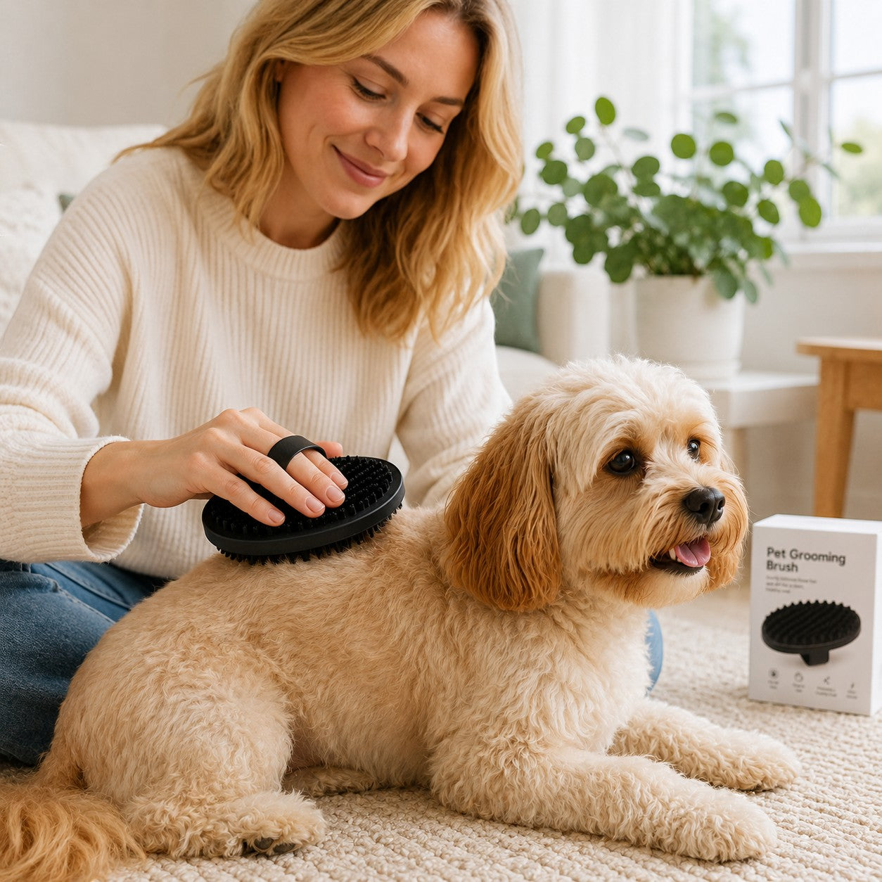 Tap2Own black rubber pet grooming brush with finger loop, used on a light brown dog.