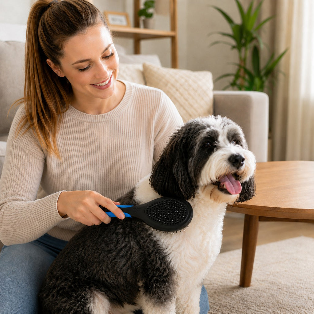 Tap2Own Two-Way Pet Grooming Brush with blue handle, grooming a black and white dog's fur.