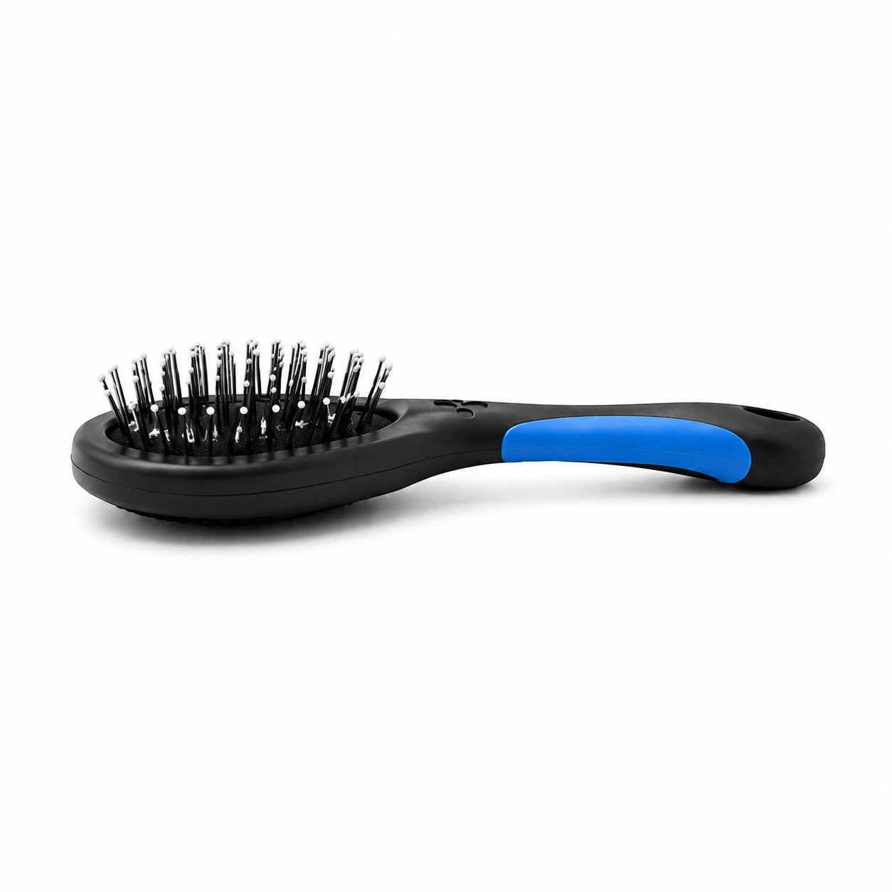 Tap2Own black pet grooming brush with blue handle, featuring dual-sided pins and bristles for detangling and smoothing.