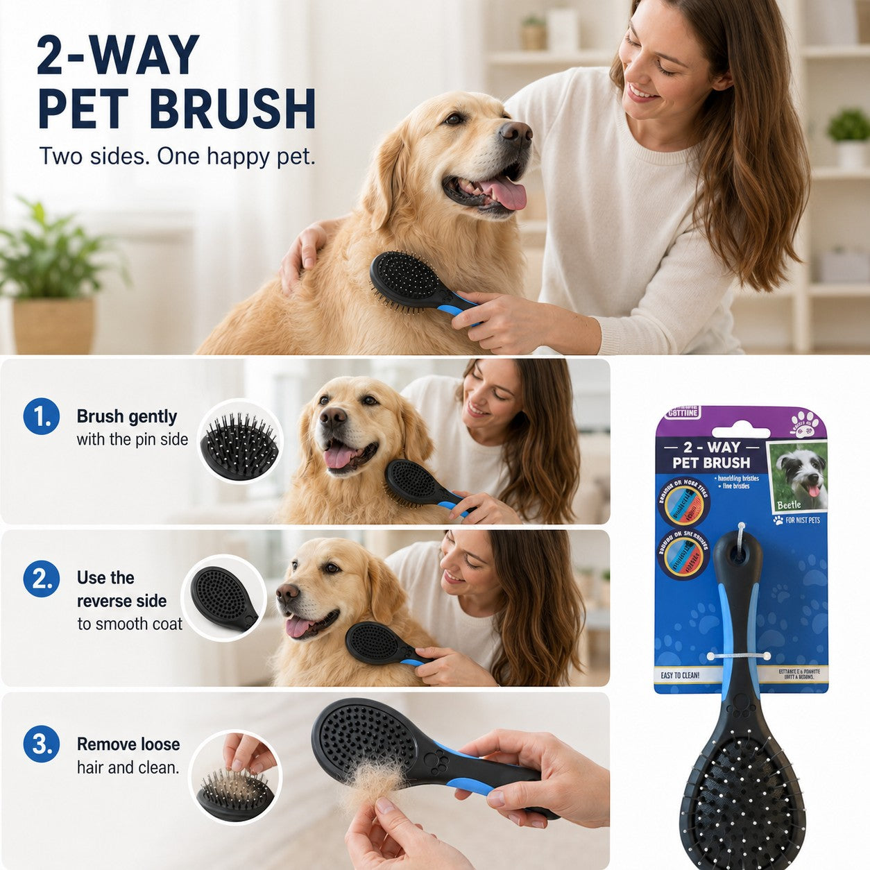 Tap2Own Two-Way Pet Grooming Brush with blue handle, featuring pin side for detangling and bristle side for smoothing dog and cat coats.