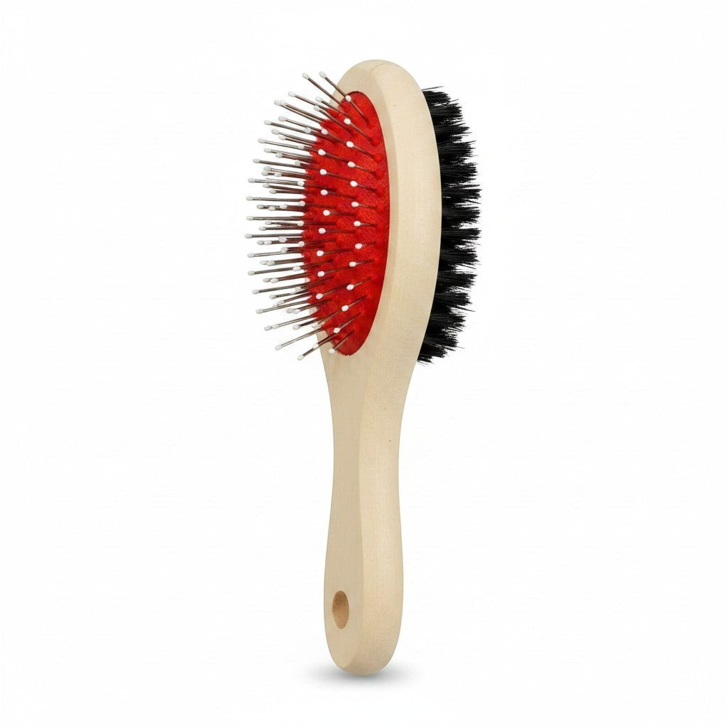 Tap2Own Double Sided Pet Brush with metal bristles for detangling and nylon bristles for smoothing. Wooden handle.
