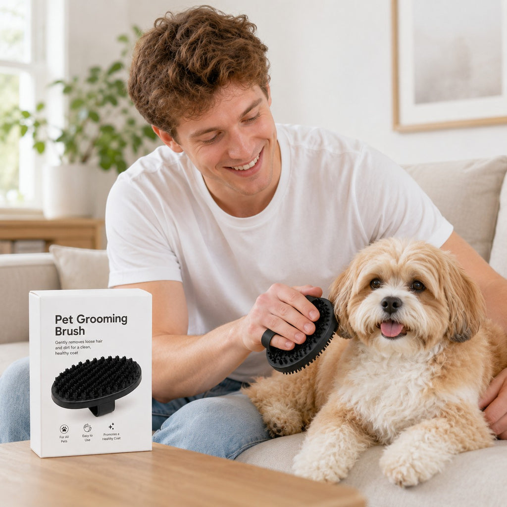Tap2Own black rubber pet grooming brush with ergonomic finger grip, used by a smiling man on a small dog.