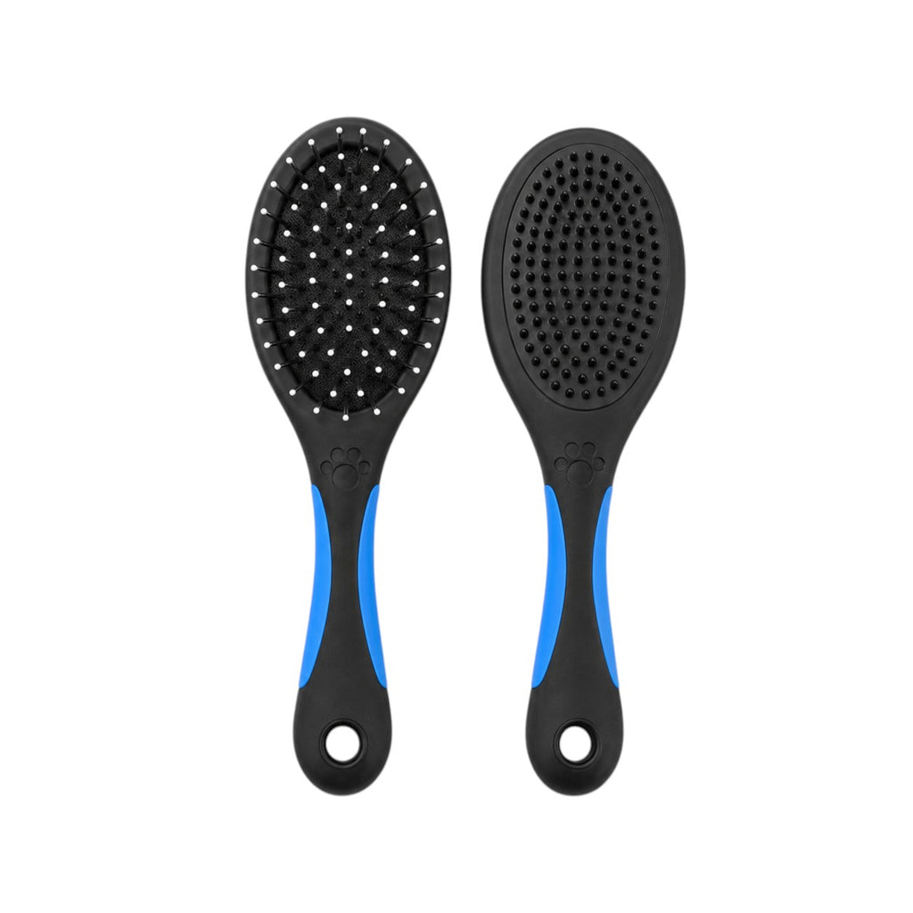 Tap2Own Two-Way Pet Grooming Brush with pin and bristle sides, black with blue handle accents.
