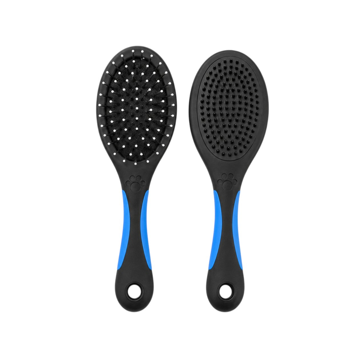 Tap2Own Two-Way Pet Grooming Brush with pin and bristle sides, black with blue handle accents.