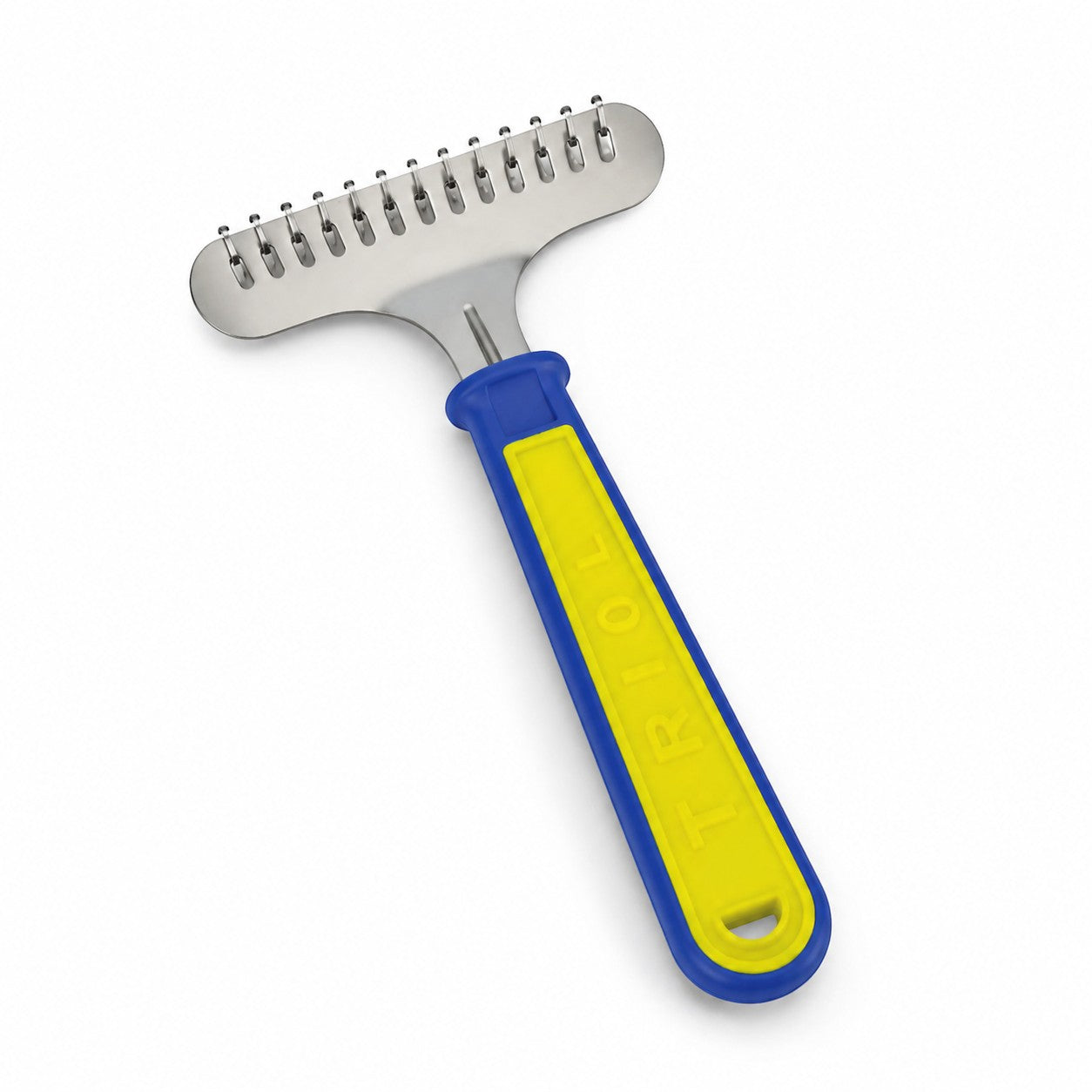 Tap2Own Triol Pet Grooming Rake with stainless steel teeth and blue/yellow ergonomic handle for dogs.