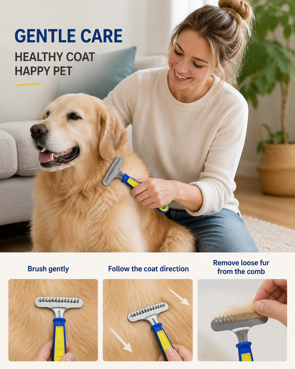 Tap2Own grooming rake with stainless steel teeth and blue/yellow handle, used on a golden retriever.