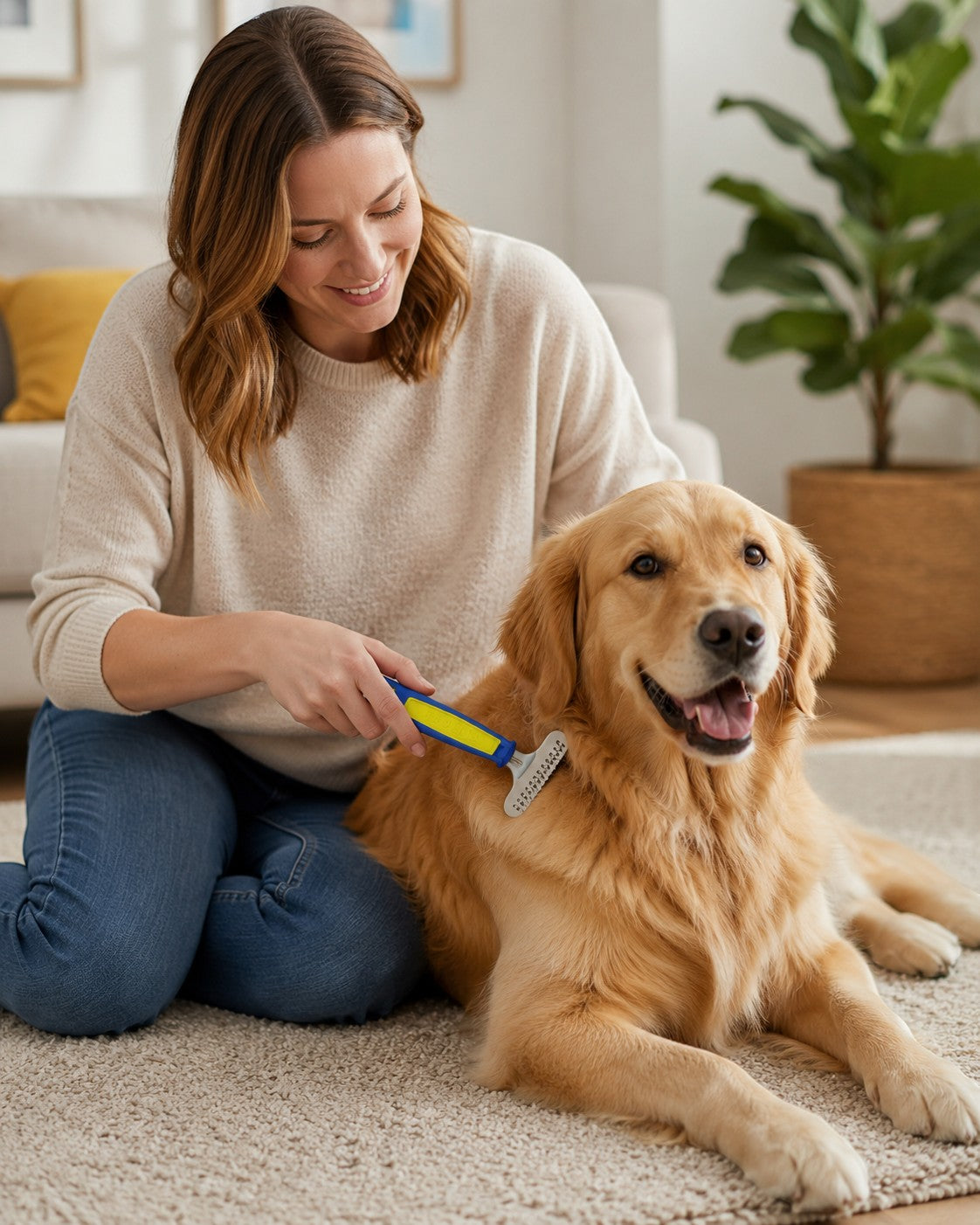 Tap2Own Triol Pet Grooming Rake with blue and yellow handle grooming a golden retriever dog's coat.