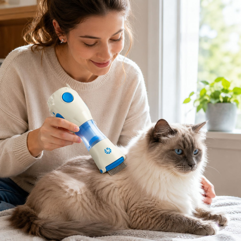 Tap2Own electric pet grooming comb with blue accents, used by a woman on a fluffy cat to remove lice and eggs.