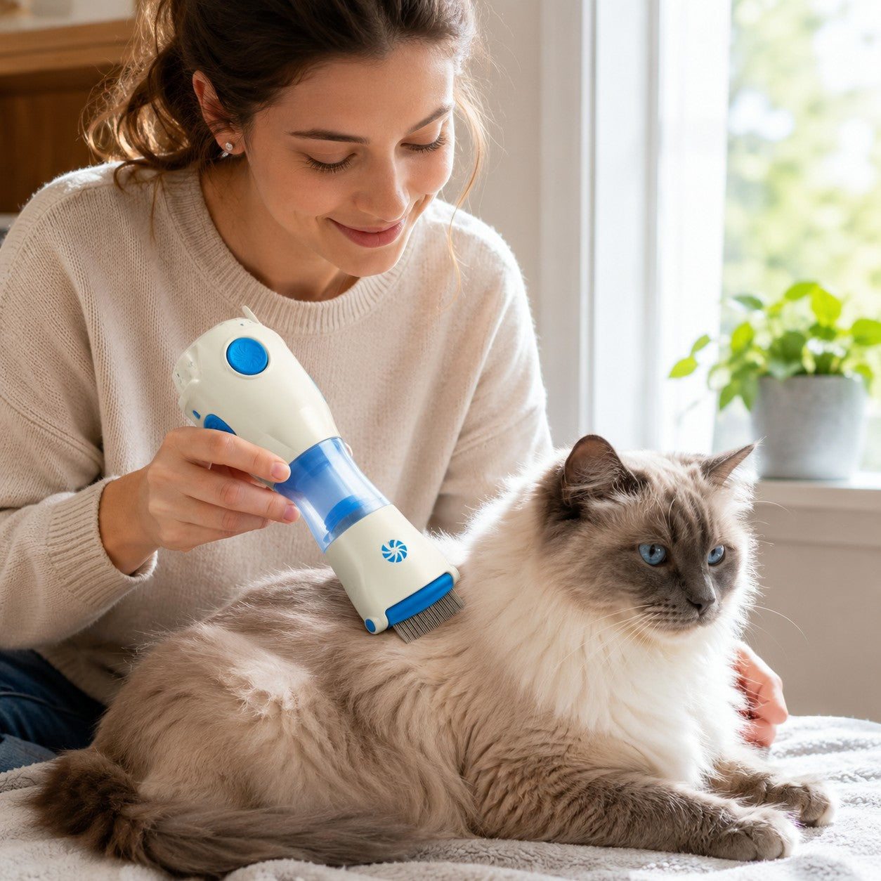 Tap2Own electric pet grooming comb with blue accents, used by a woman on a fluffy cat to remove lice and eggs.