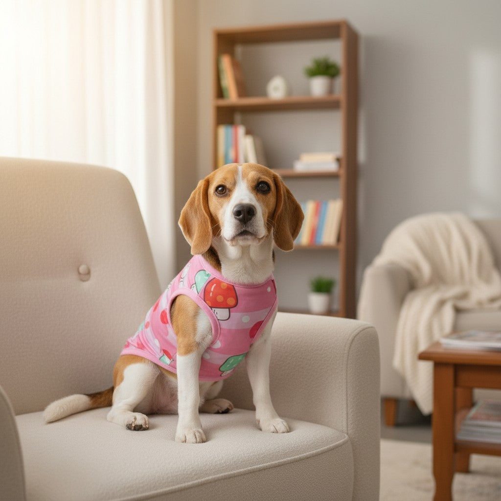 Tap2Own pink pet shirt with mushroom print, designed for comfort and style.