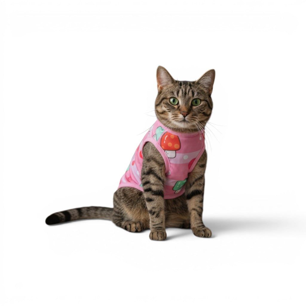 Tap2Own pink pet shirt with mushroom print, made of soft fabric, perfect for cats and small dogs.