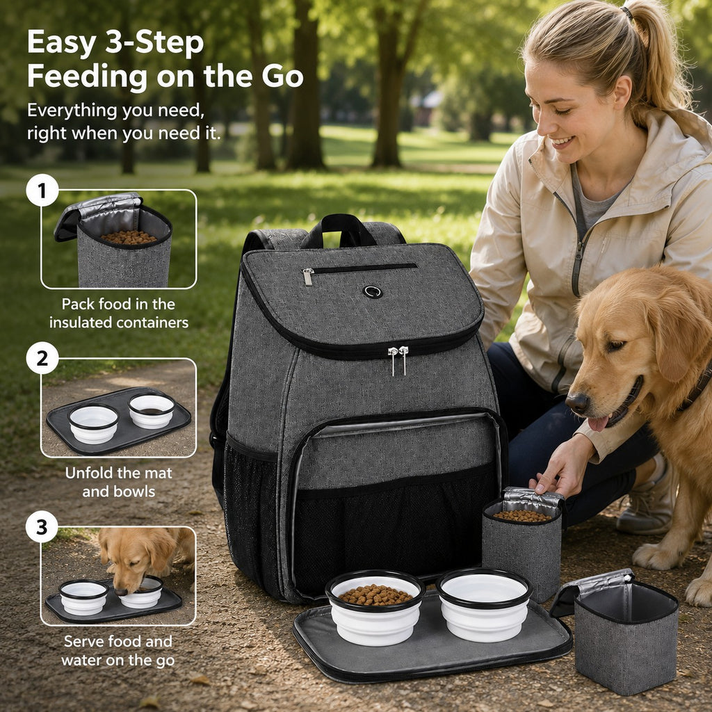 Tap2Own heather gray pet travel backpack with food containers, collapsible bowls, and mat for easy feeding on the go.