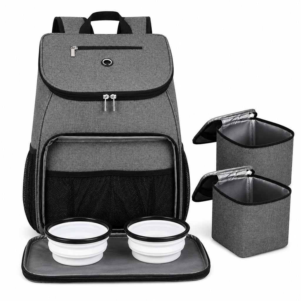 Tap2Own heather gray pet travel backpack with two collapsible bowls and two insulated food containers.