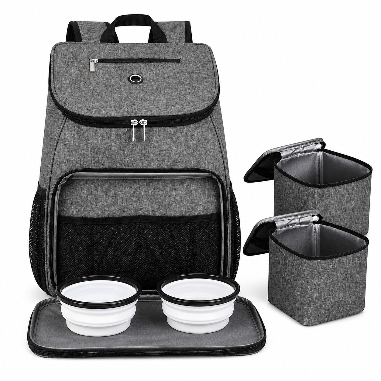 Tap2Own heather gray pet travel backpack with two collapsible bowls and two insulated food containers.