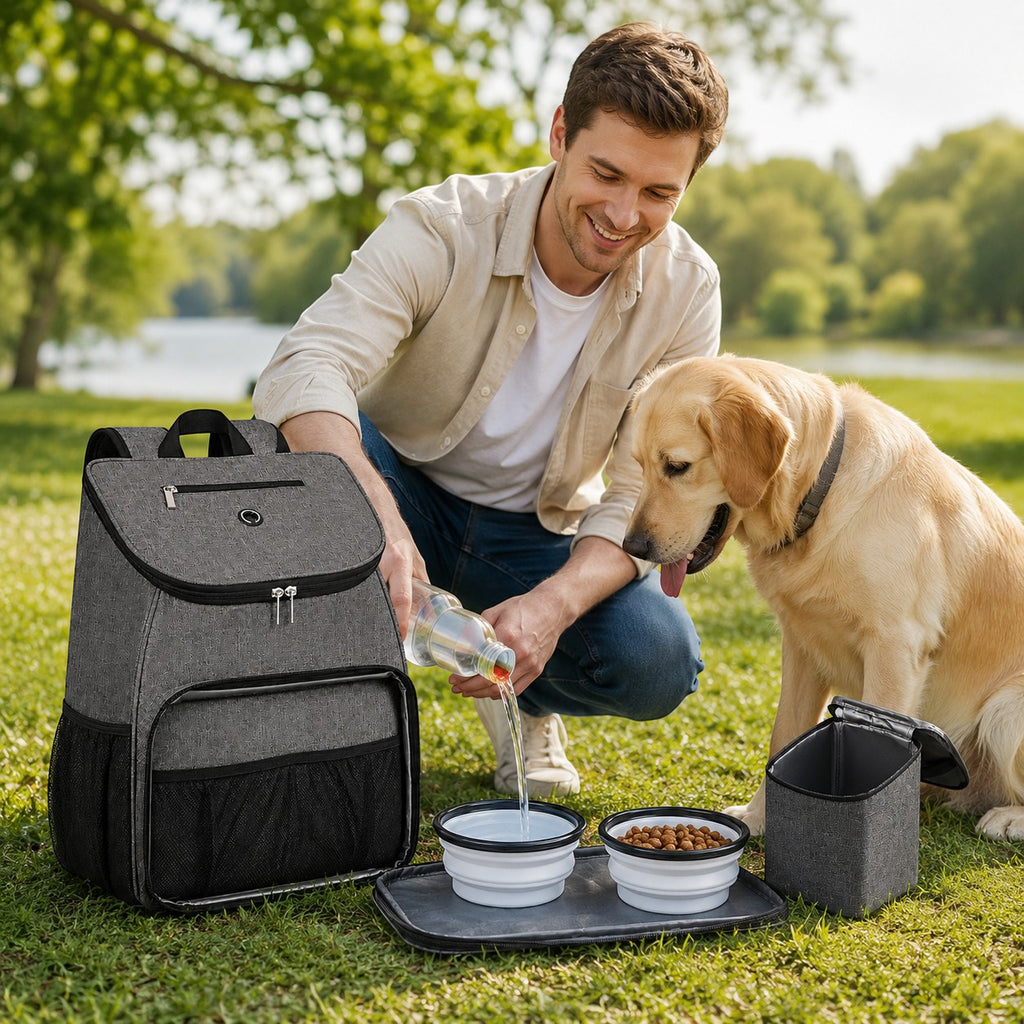 Tap2Own heather gray pet travel backpack with food bowls, water, and a dog on grass.